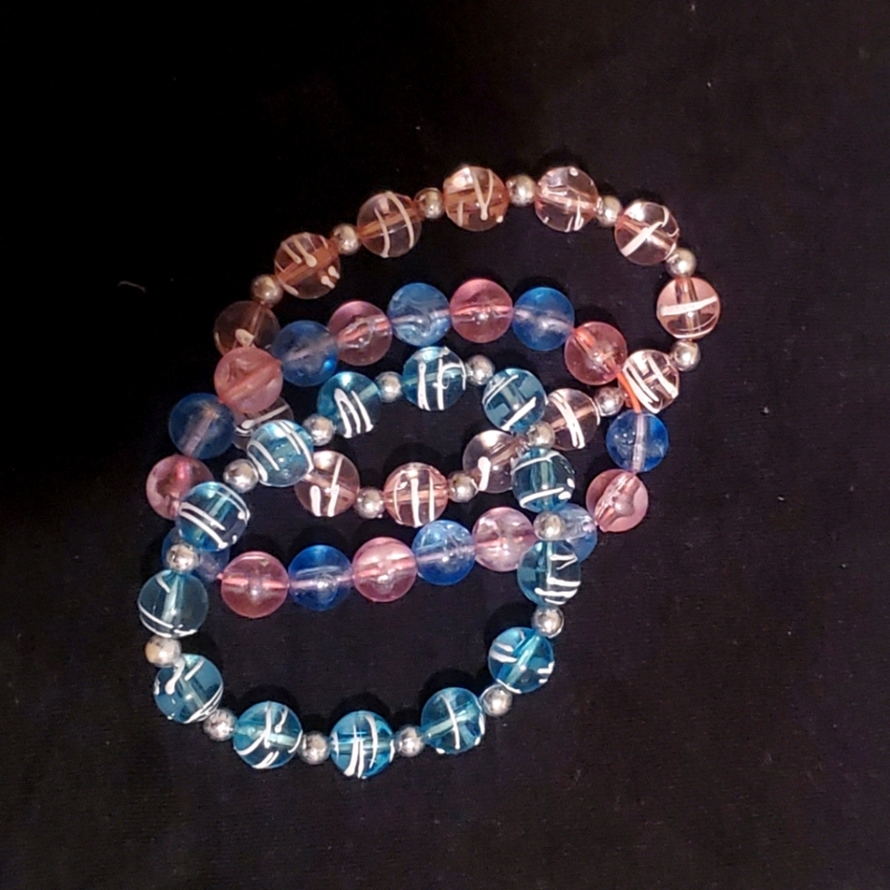 SET OF 3 HANDMADE BEADED BRACELETS IN PINK AND BLUE